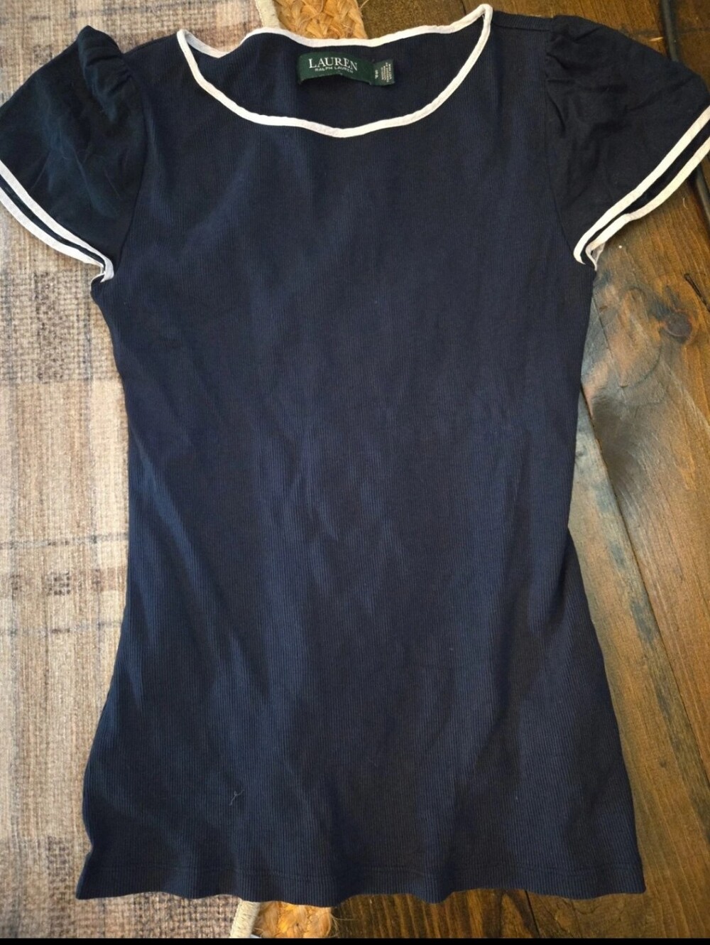 Lauren Ralph Lauren Navy Short Sleeve Ribbed Tee with White Piping SZ Small